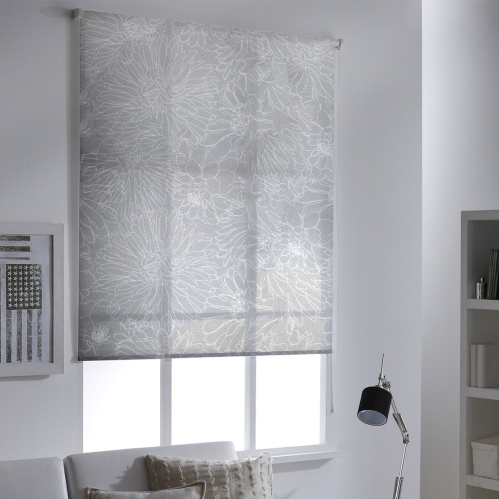 Store enrouleur tamisant motifs fleurs - Gris clair